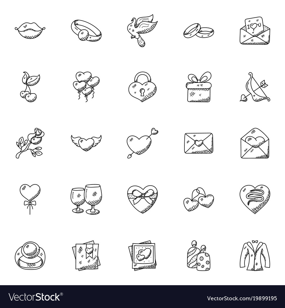 Doodle icon set of hearts and valentine