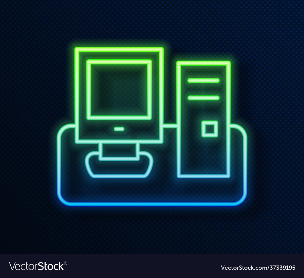 Glowing neon line computer monitor with keyboard vector image Glowing neon line computer monitor with keyboard