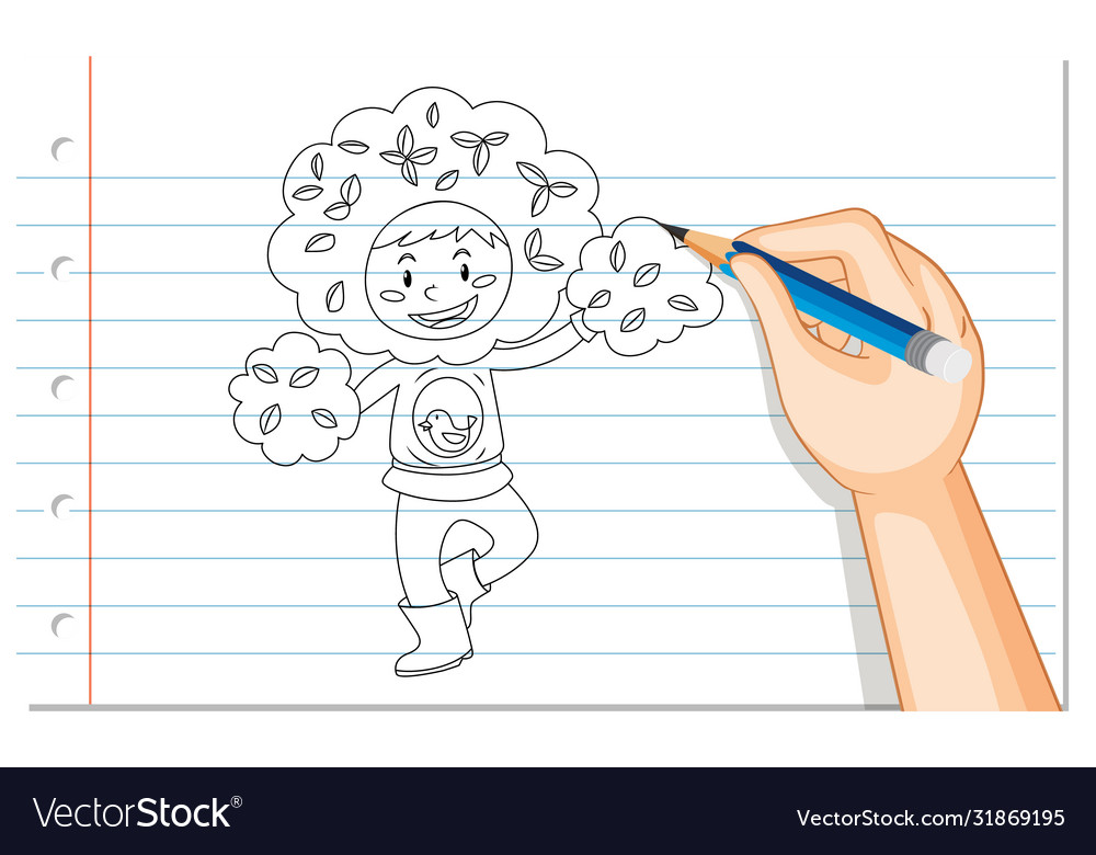 Hand drawing boy in tree costume outline Vector Image Hand drawing boy in tree costume outline