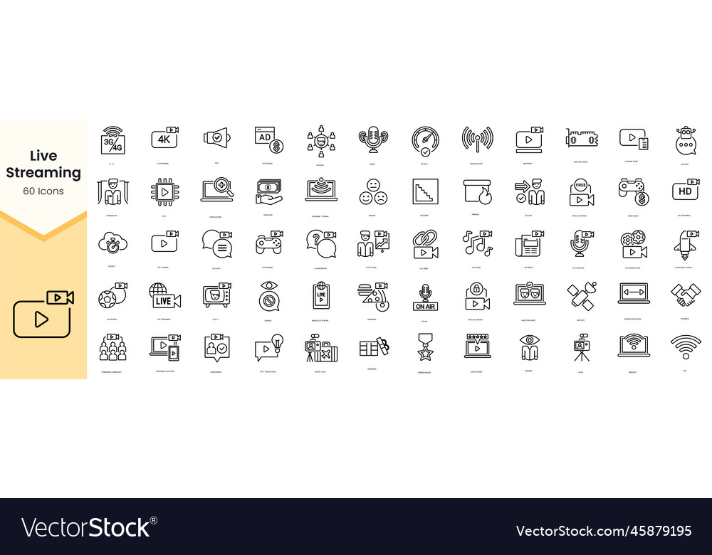 Set of live streaming icons simple line art style vector image Set of live streaming icons simple line art style