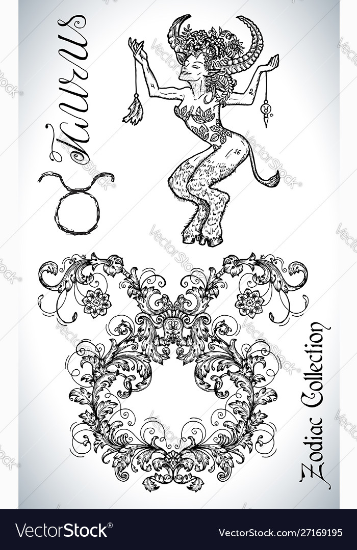 Set with taurus zodiac sign and mascot drawing