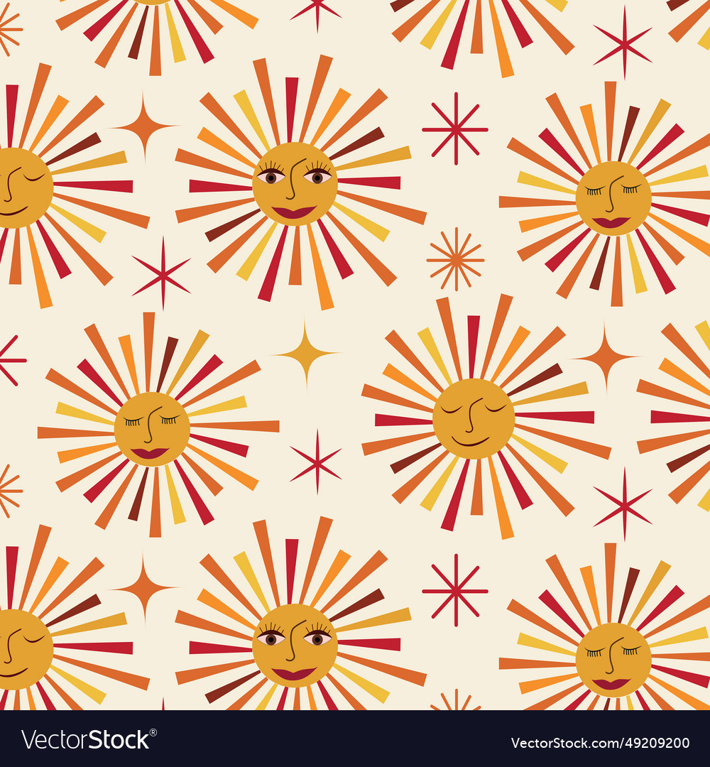 Retro sun with faces seamless pattern Royalty Free Vector
