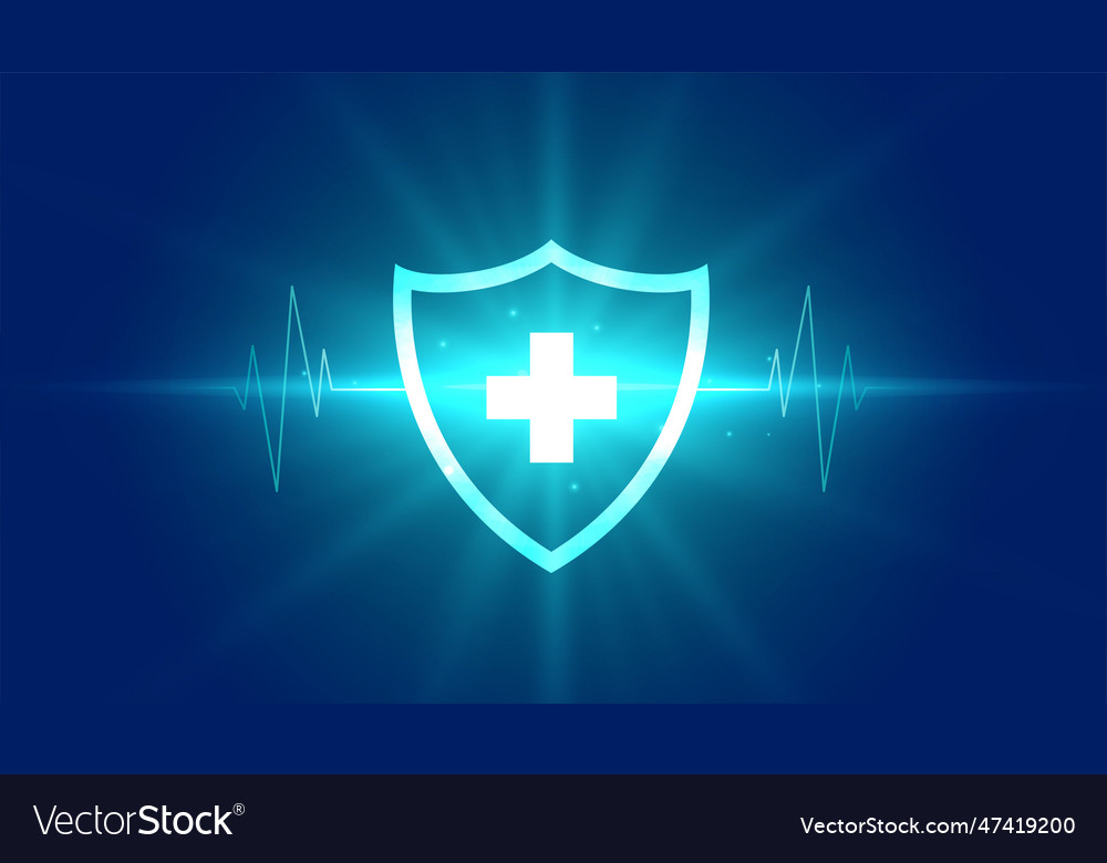 Shiny shield and cardiograph blue background