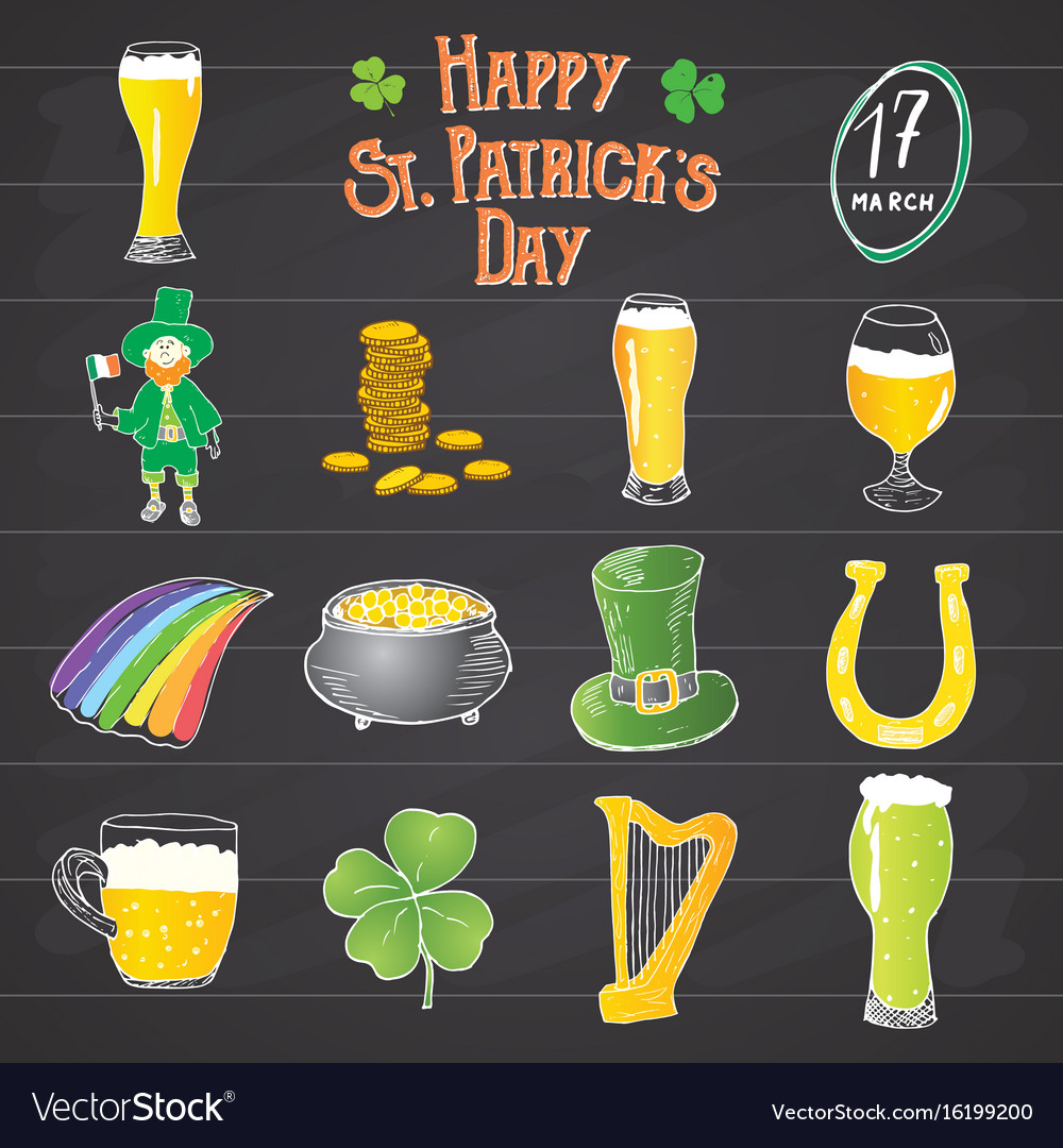 St patricks day hand drawn doodle icons set Vector Image