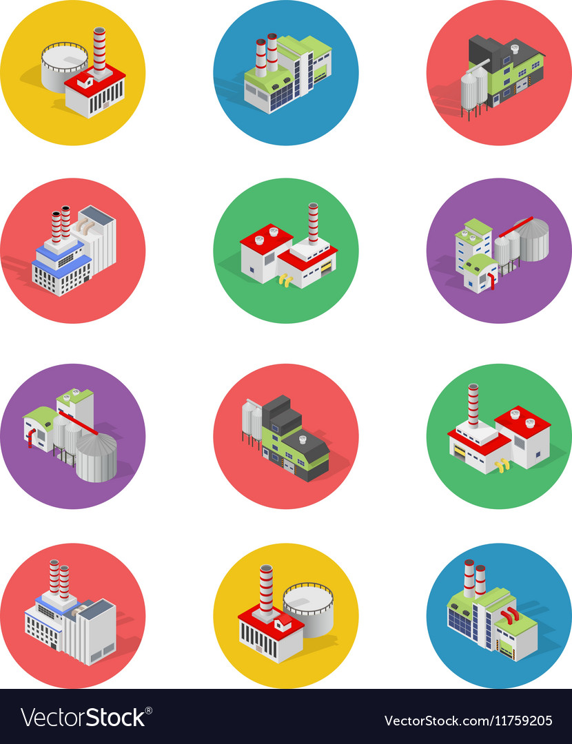 Isometric building factory icons with shadow