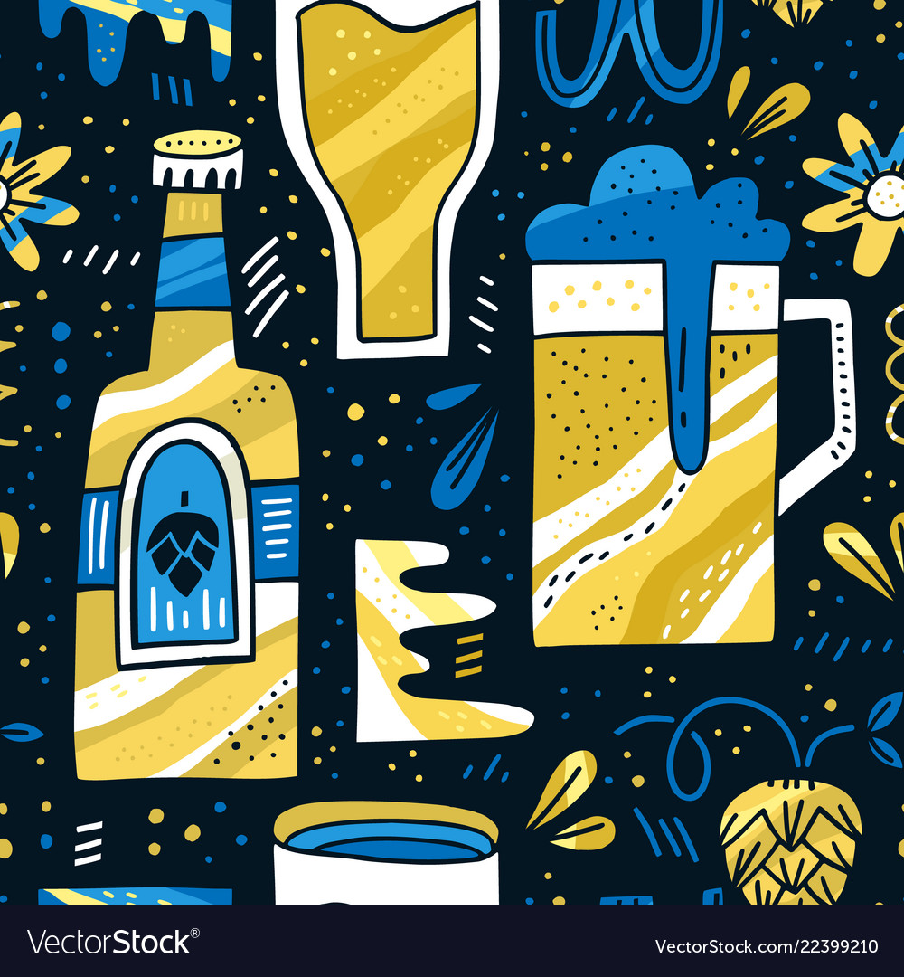 Beer hand drawn pattern vector image Beer hand drawn pattern