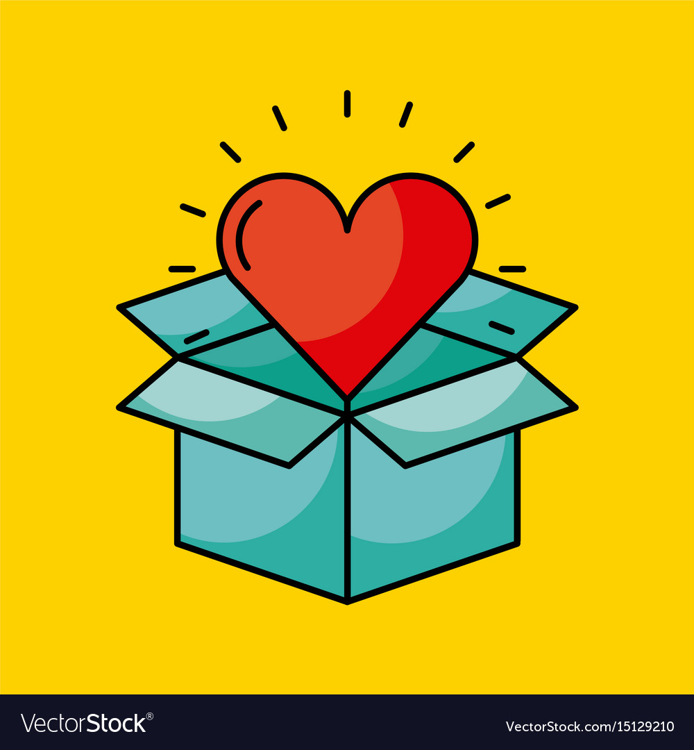 Cardboard box with heart cartoon coming out