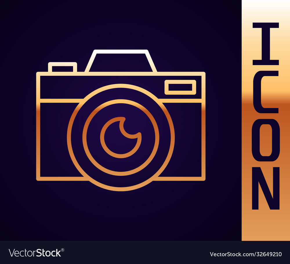 Gold line photo camera icon isolated on black