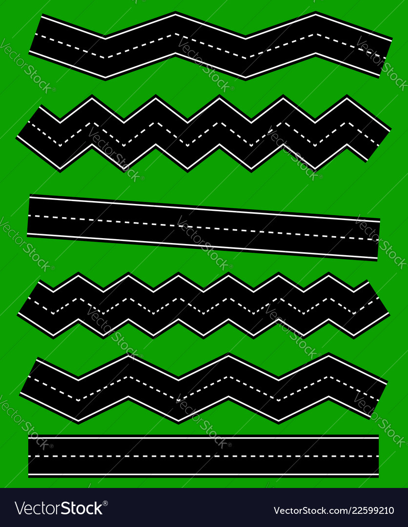 Set of wavy road elements with dashed lines