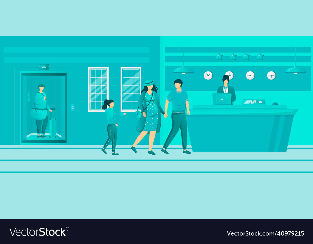 Hotelgäste in der Lobby-Flachfamilie mit Kind