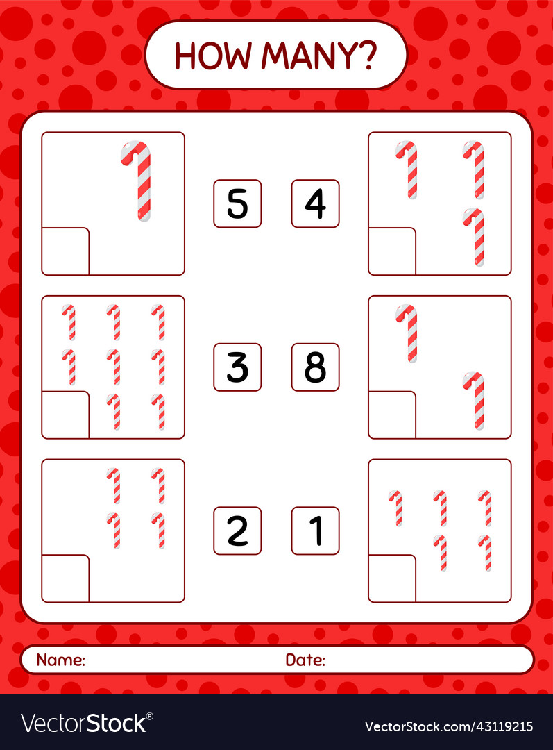 How many counting game with candy cane worksheet Vector Image How many counting game with candy cane worksheet