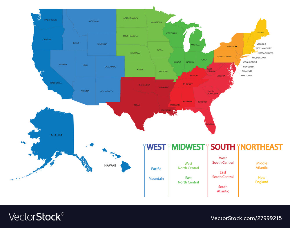 Map Of Usa By Regions Map united states america regions maps usa Vector Image