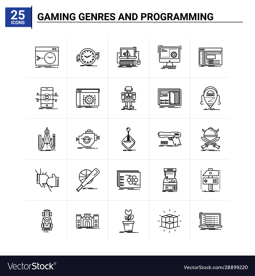 25 gaming genres and programming icon set vector image 25 gaming genres and programming icon set