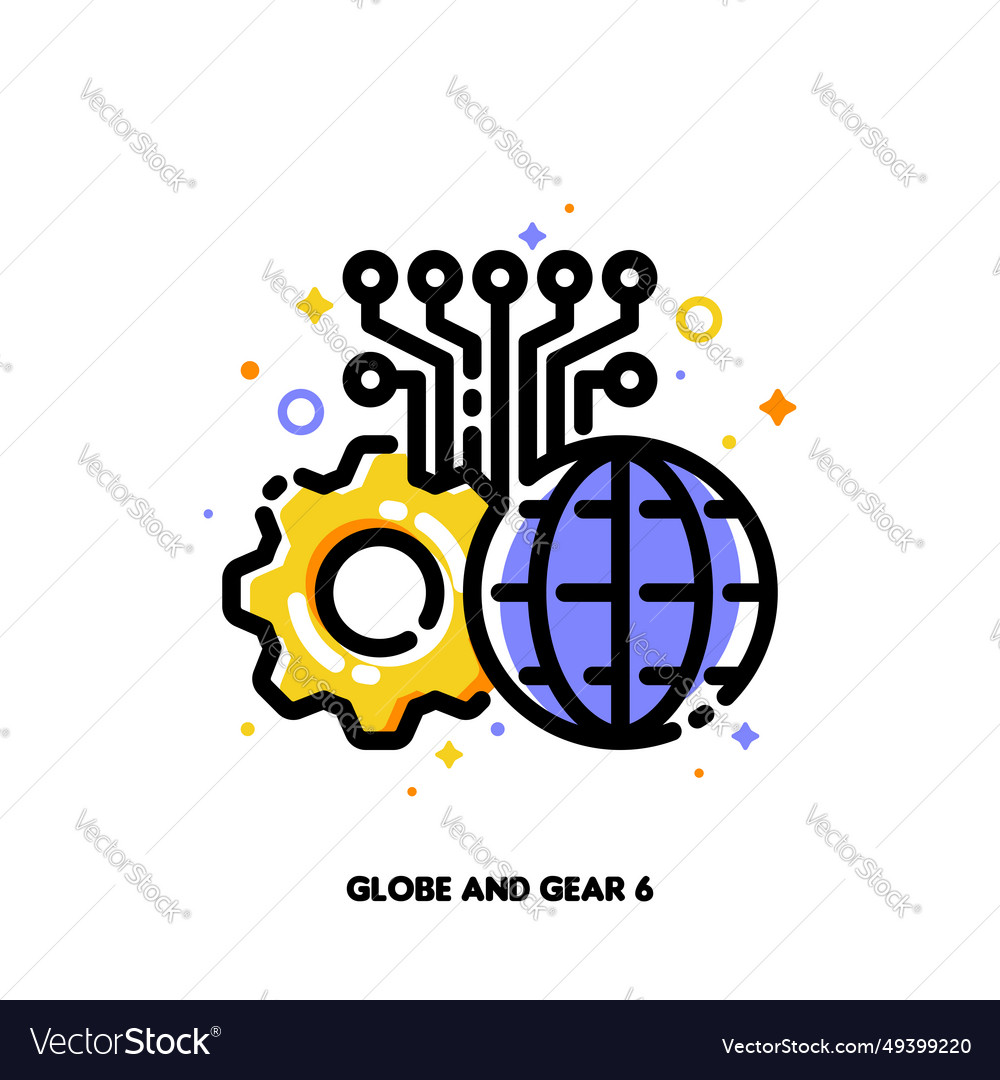 Global blockchain technology globe and gear icon vector image Global blockchain technology globe and gear icon