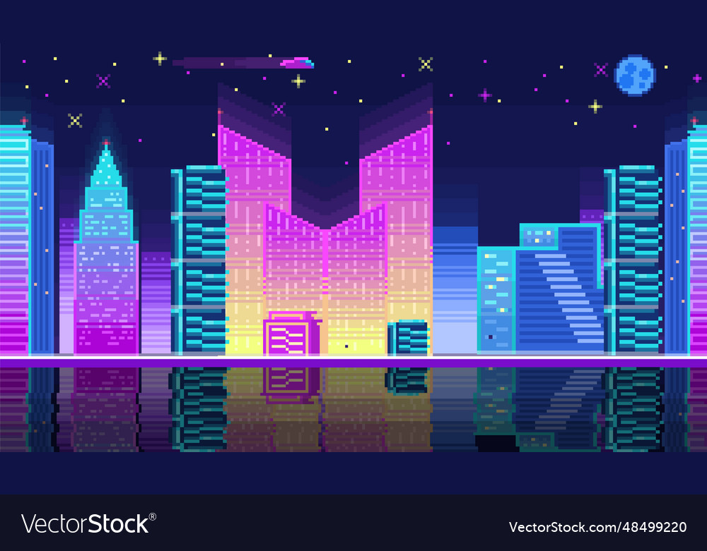 Night city landscape neon pixel background