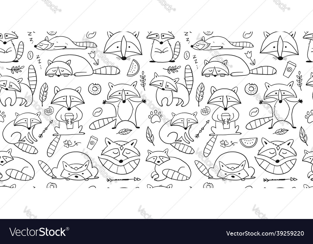 Racoons family funny characters seamless pattern