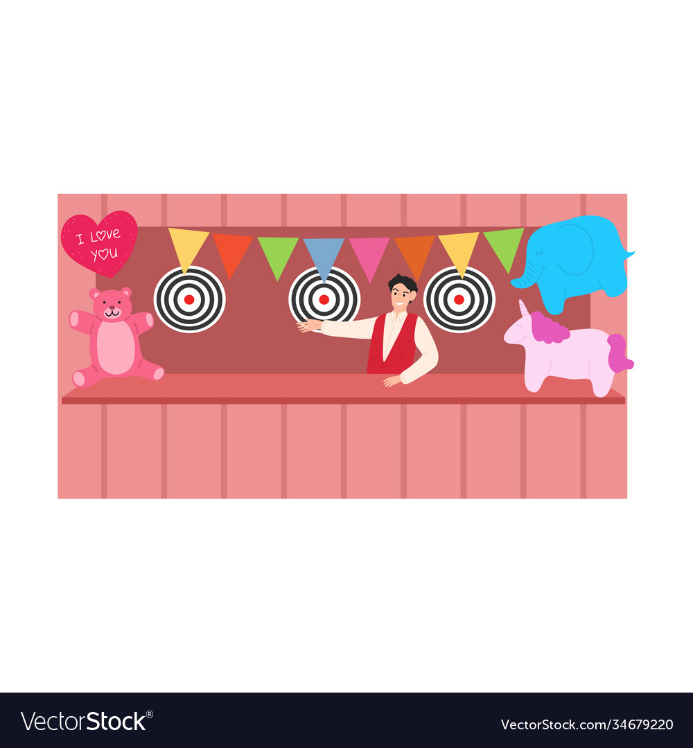 Smiling man worker in shooting range with stuffed