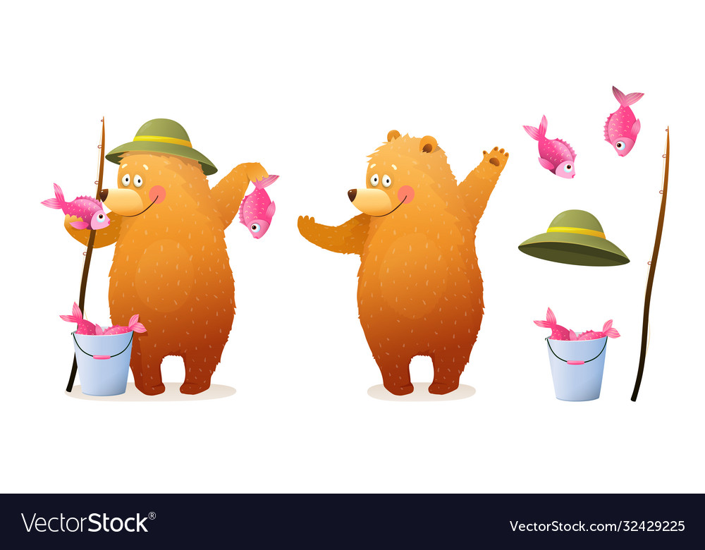 Bear cub fisherman character with fish cartoon Vector Image