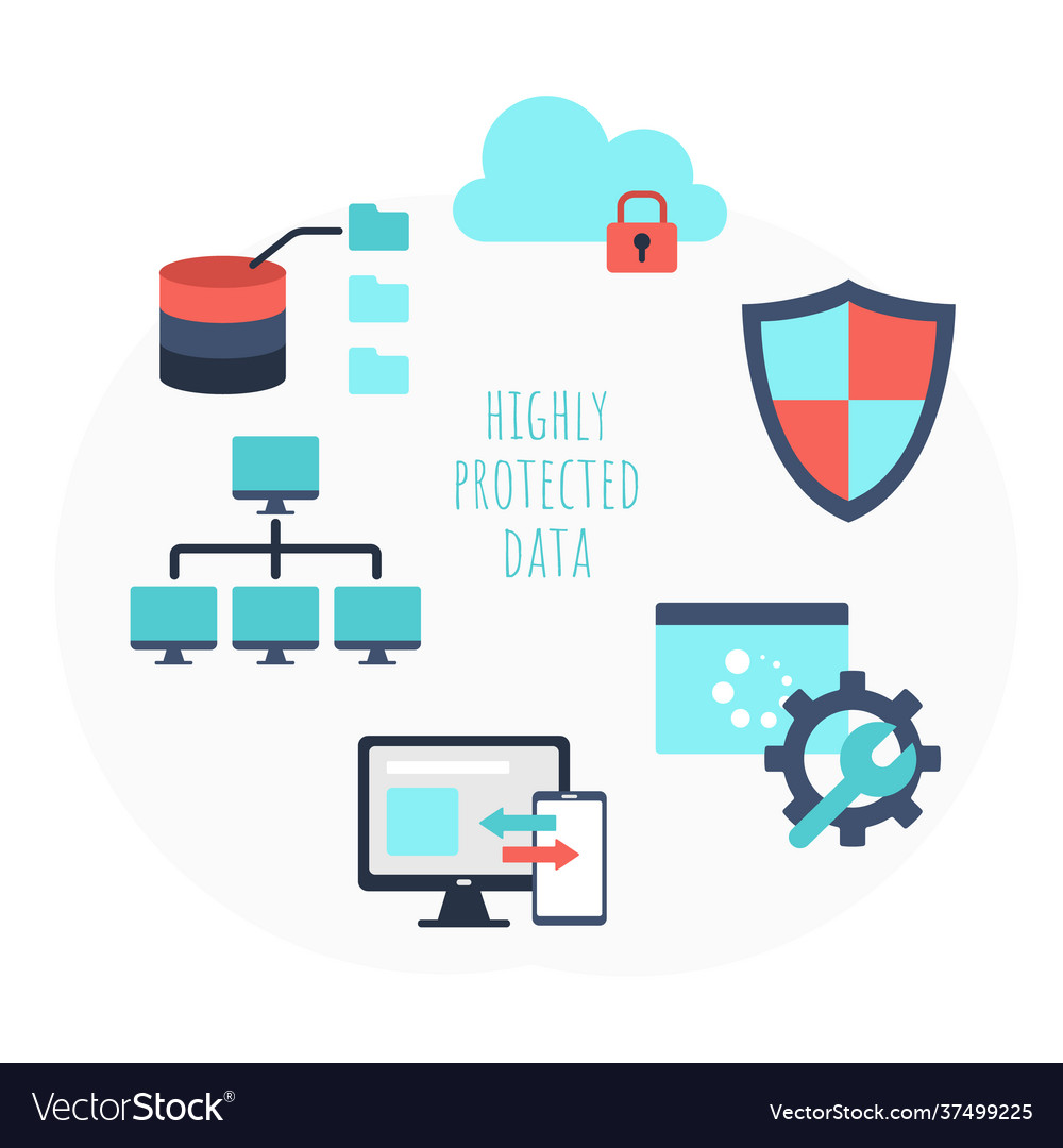 Highly protected data network elements flat set vector image Highly protected data network elements flat set