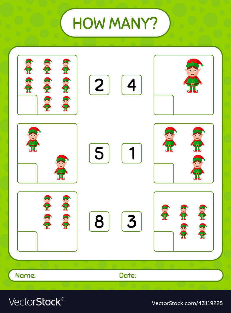 How many counting game with elf worksheet Vector Image How many counting game with elf worksheet