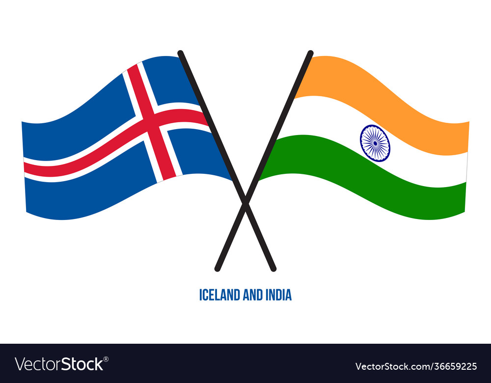 Iceland and india flags crossed waving flat