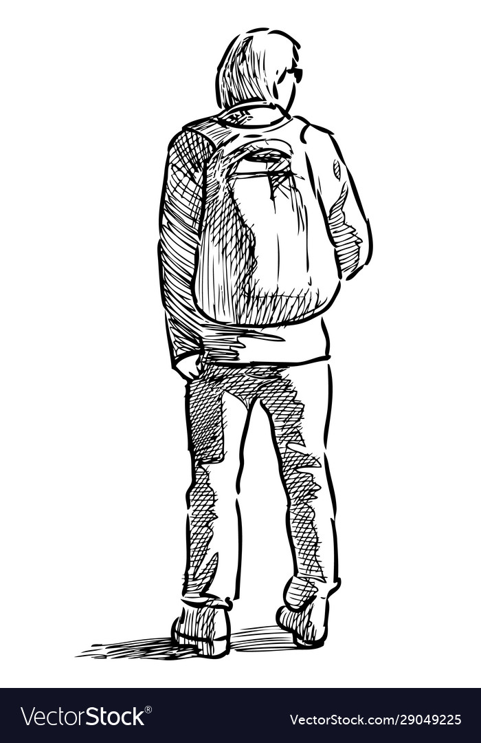 Sketch young man with backpack standing Royalty Free Vector