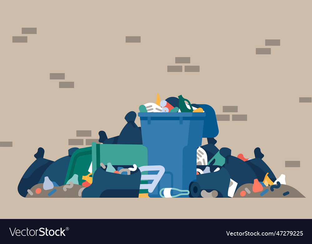 Trash cans garbage heap on street bin overloaded Vector Image
