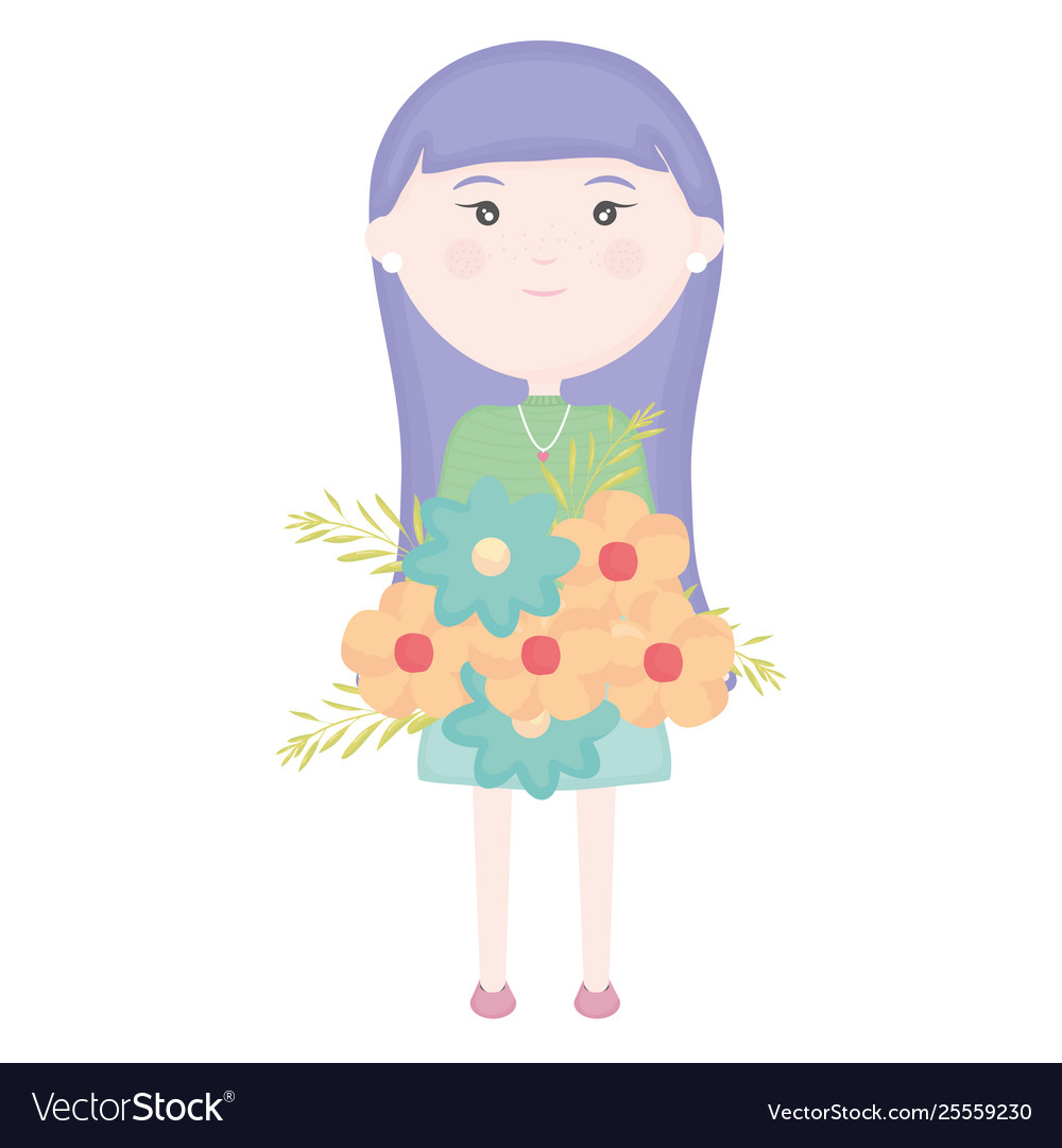 Cute little girl with floral bouquet character Vector Image