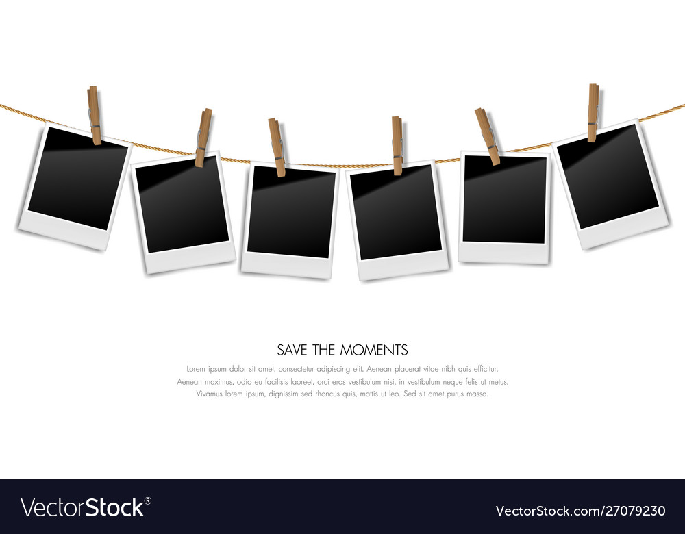 Realistic blank retro photo frames on a rope vector image Realistic blank retro photo frames on a rope