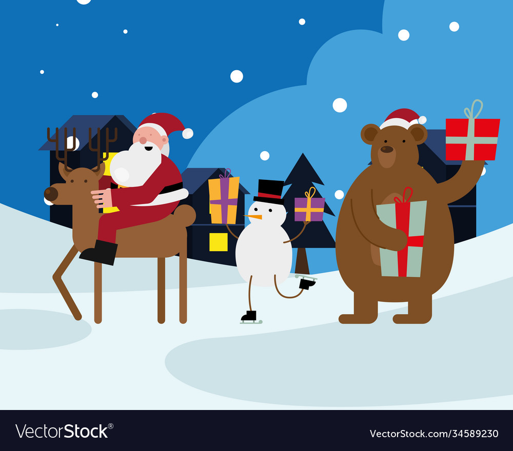 Santa claus in reinder with snowman and bear