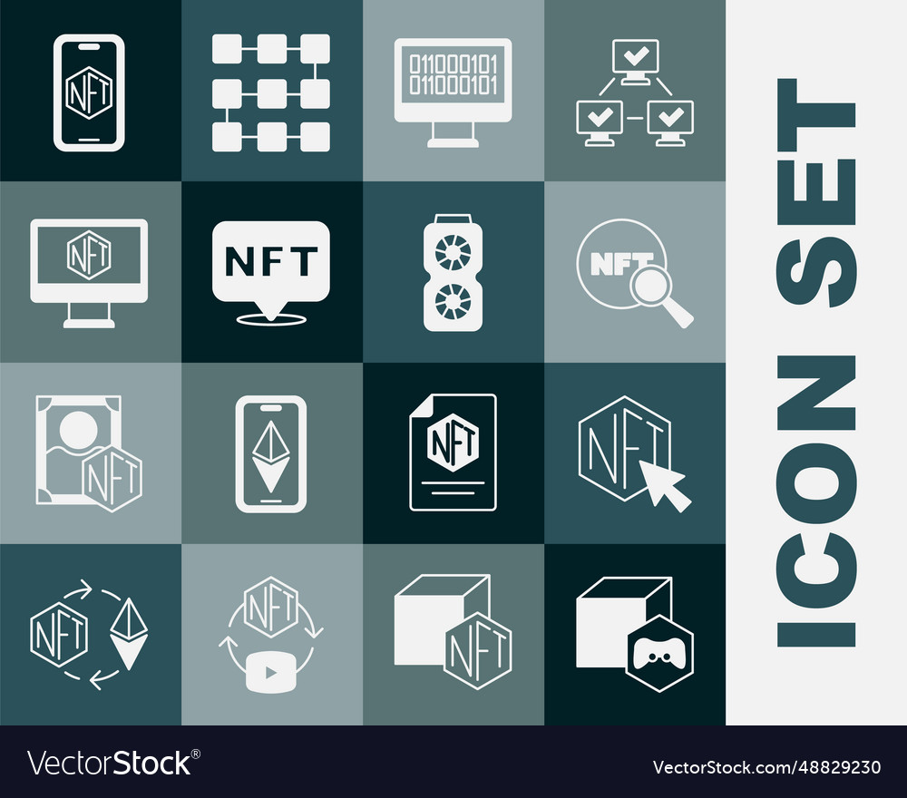Set nft digital crypto art search binary code vector image Set nft digital crypto art search binary code