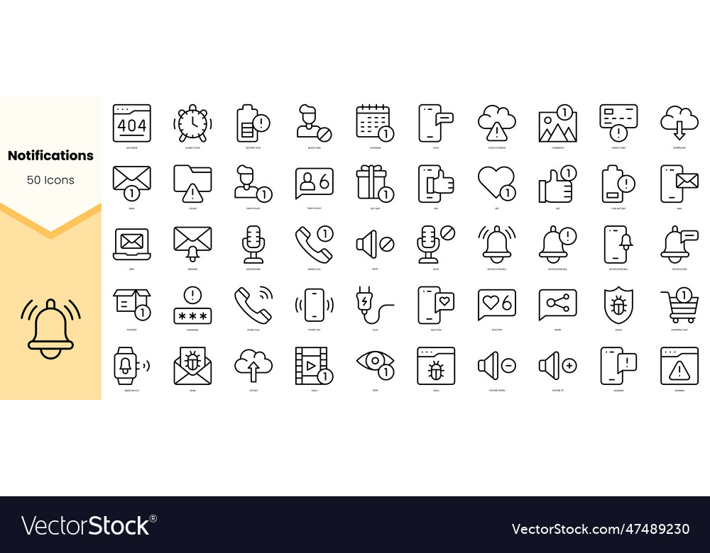 Set of notifications icons simple line art style vector image Set of notifications icons simple line art style
