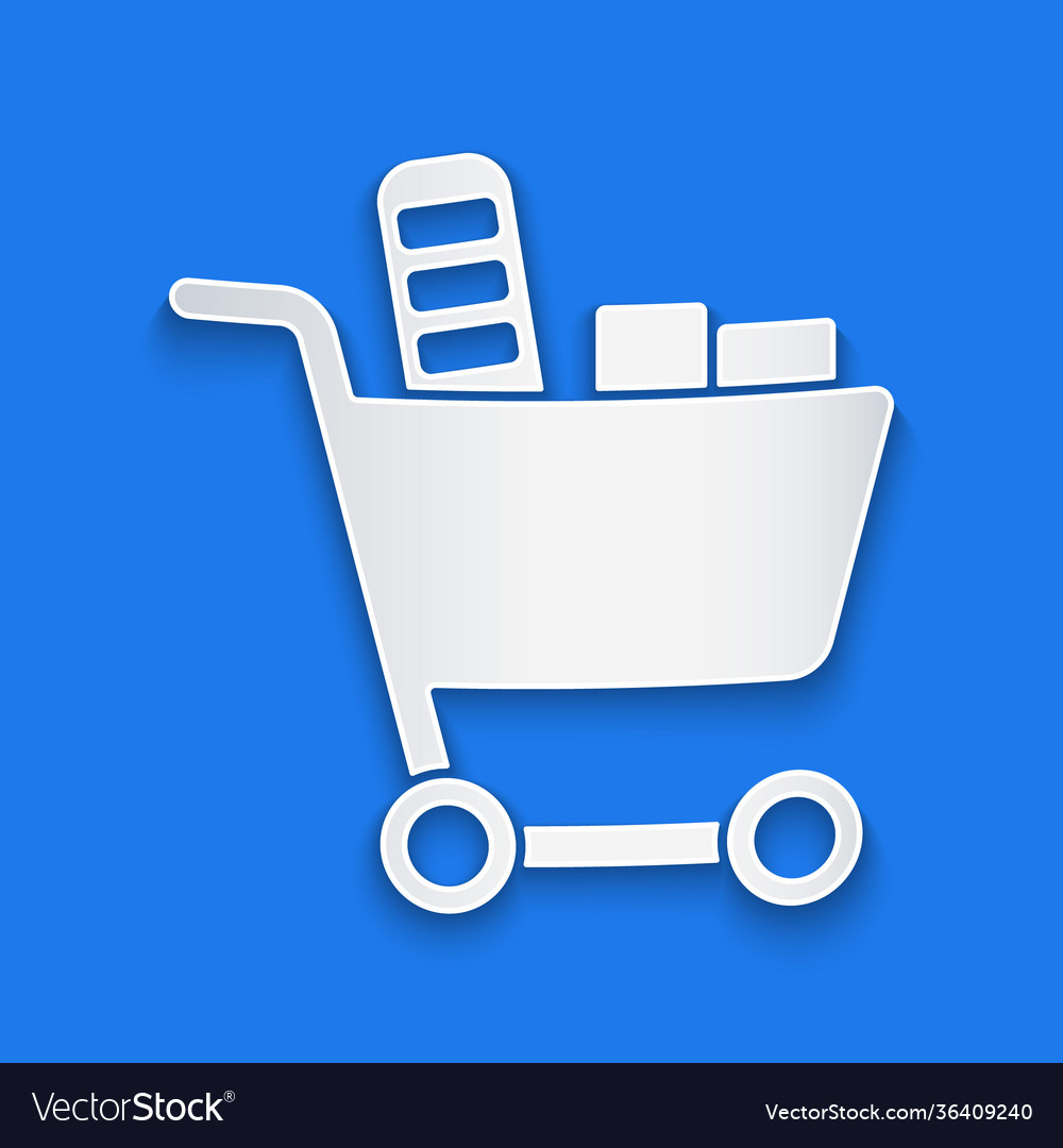 Paper cut shopping cart and food icon isolated