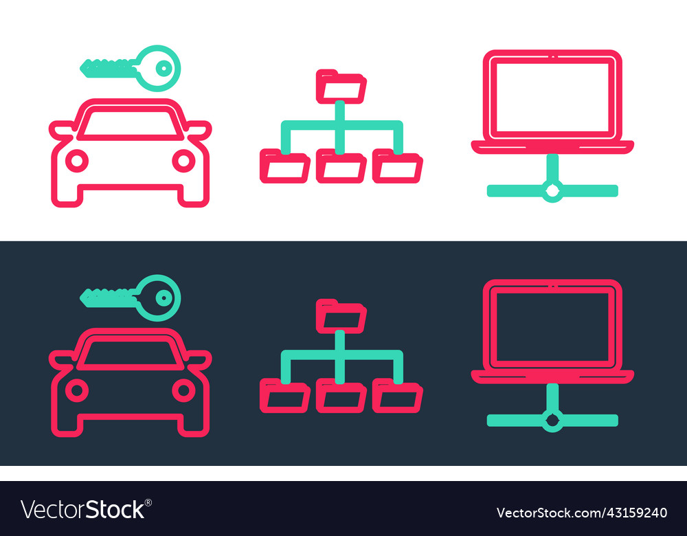 Set line computer network car rental and folder vector image Set line computer network car rental and folder