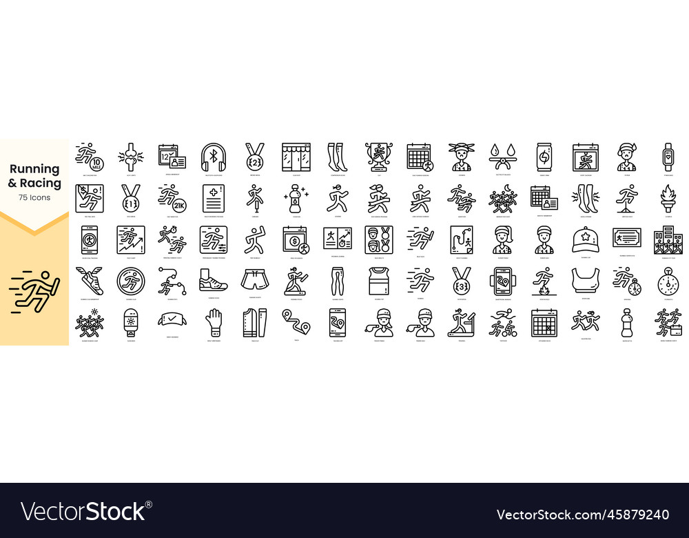 Set of running and racing icons simple line art vector image Set of running and racing icons simple line art
