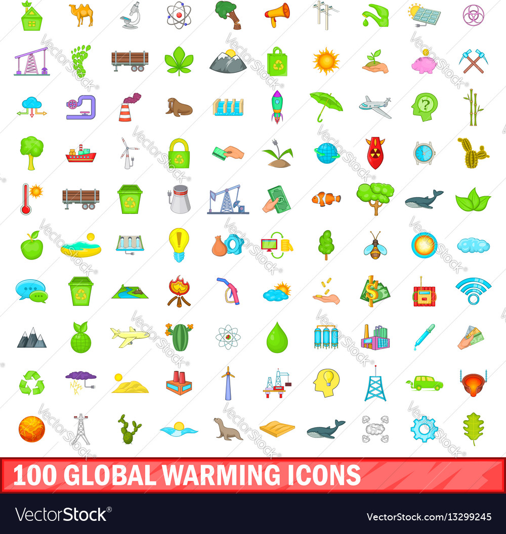 100 global warming icons set cartoon style