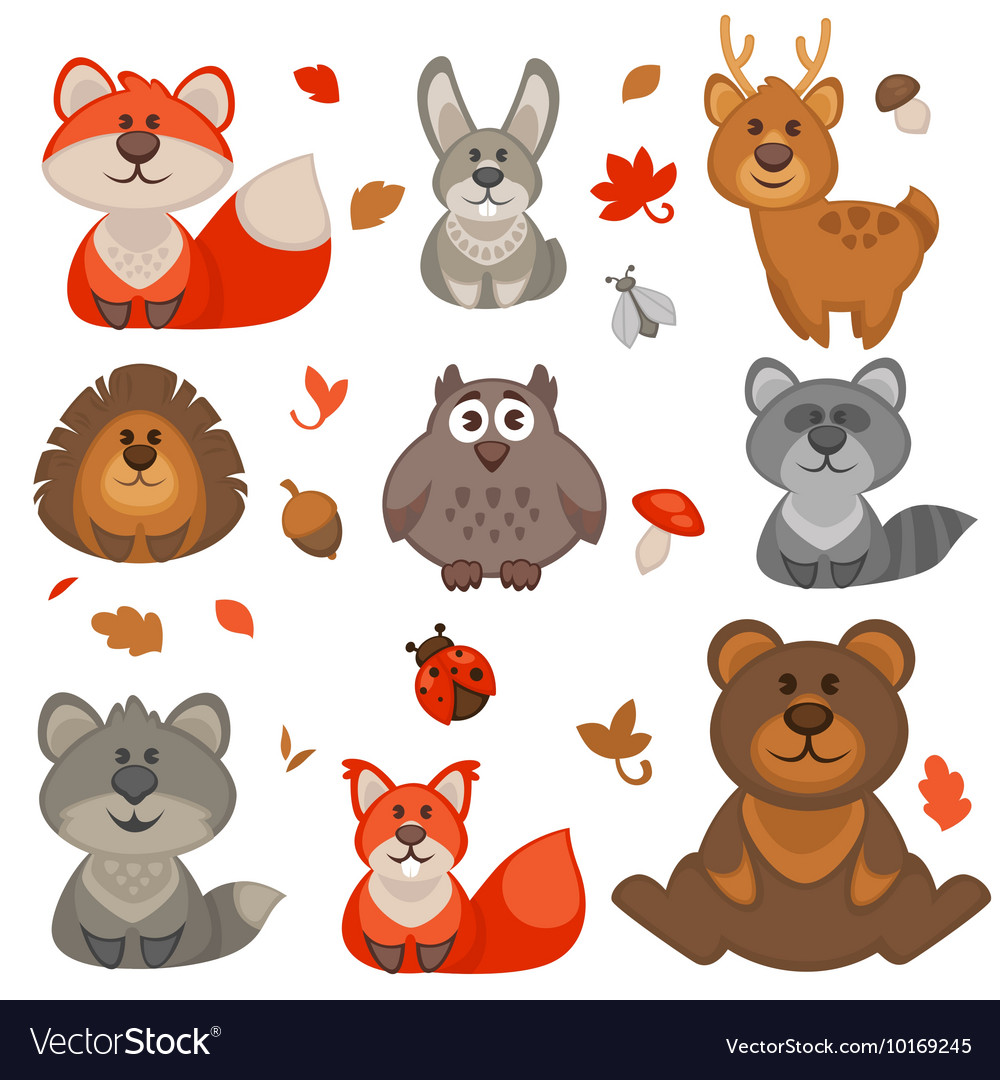 Set cute cartoon forest animals Royalty Free Vector Image