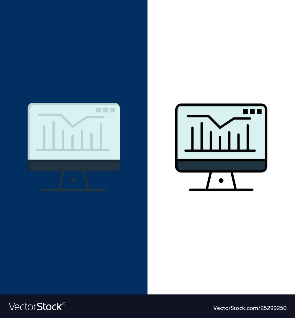 Computer static graph monitor icons flat and line