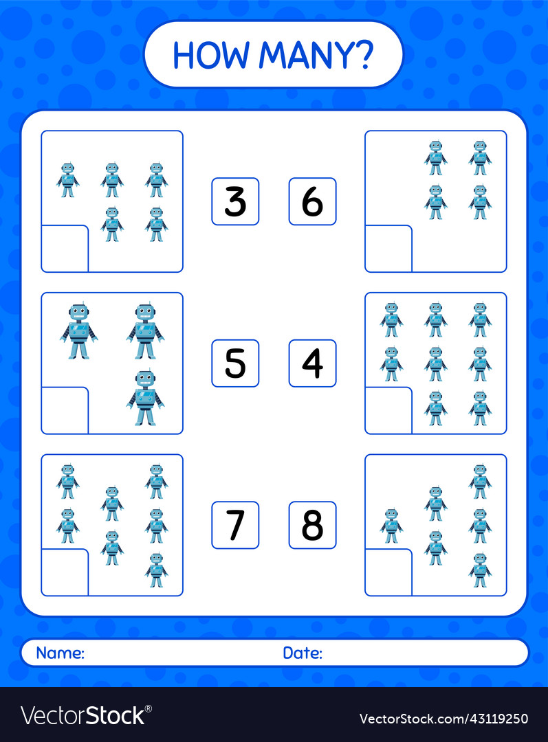 How many counting game with robot toy worksheet vector image How many counting game with robot toy worksheet
