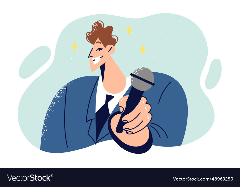 Man newscaster smiles and extends microphone vector image Man newscaster smiles and extends microphone