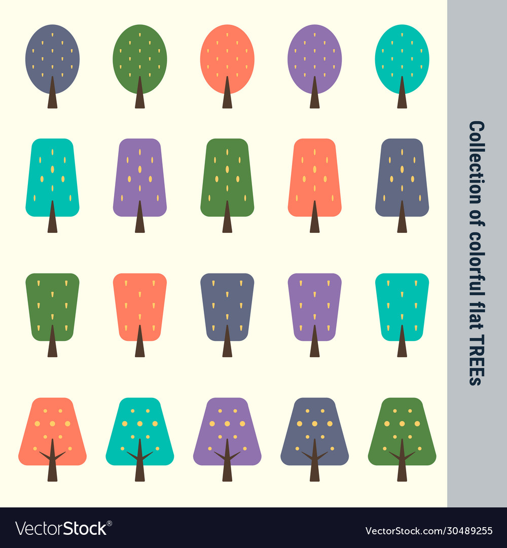 Collection colorful flat trees different shape vector image Collection colorful flat trees different shape