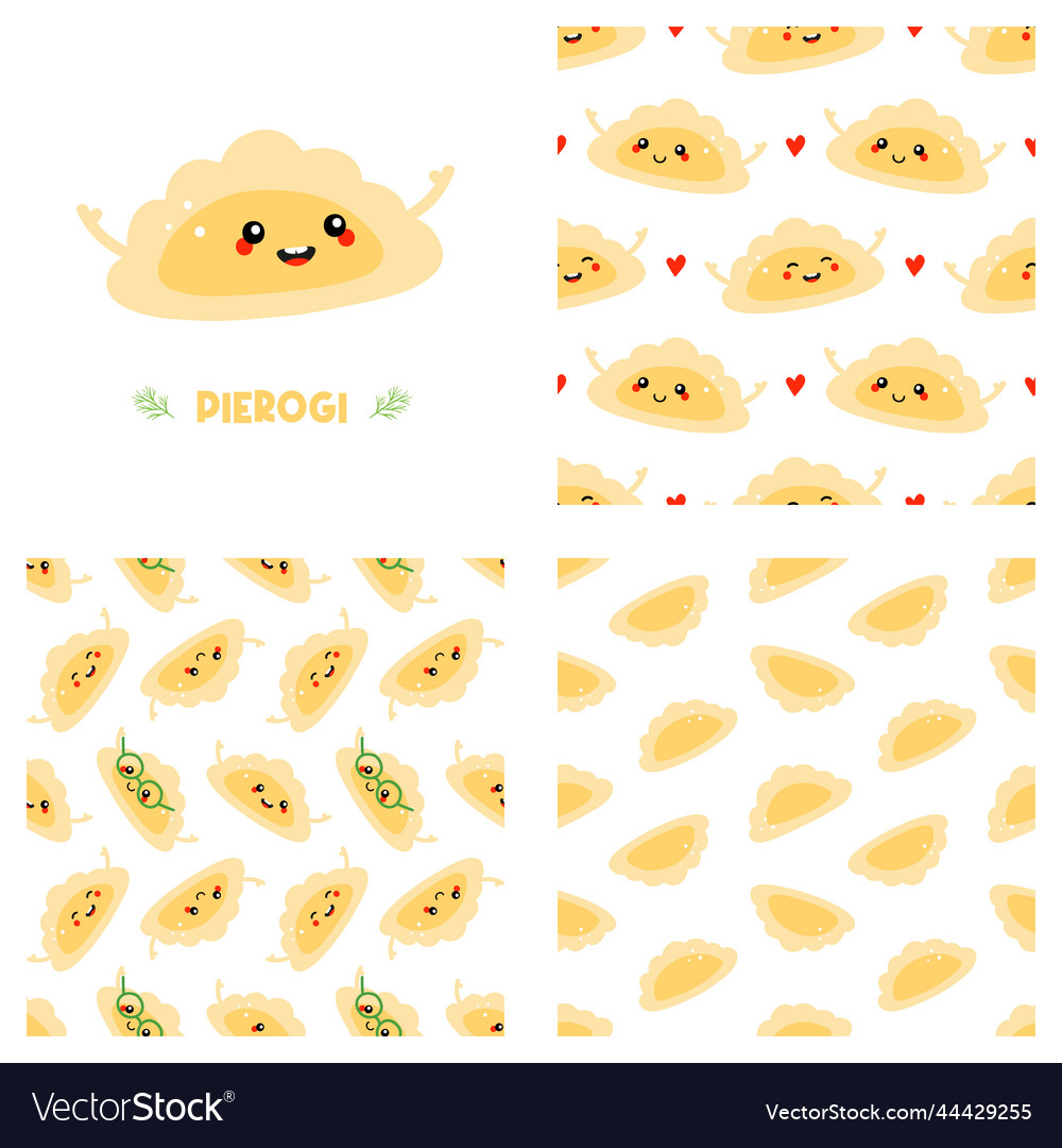 Pierogi dumpling character and patterns set vector image Pierogi dumpling character and patterns set