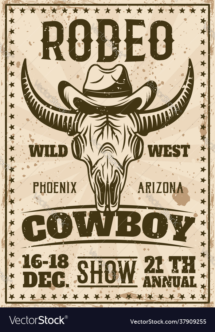 Rodeo show vintage poster with buffalo skull Vector Image