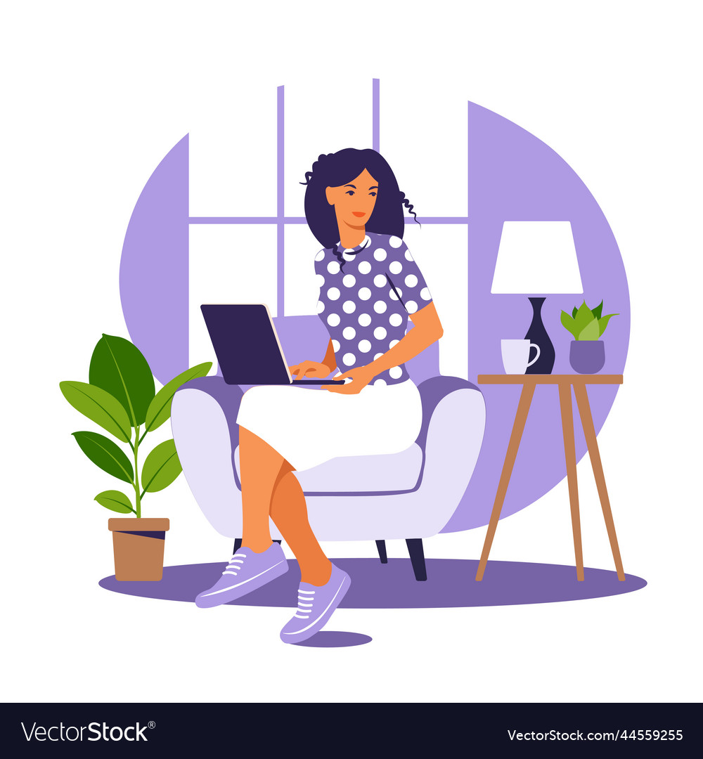 Woman sitting on the armchair with laptop working Vector Image