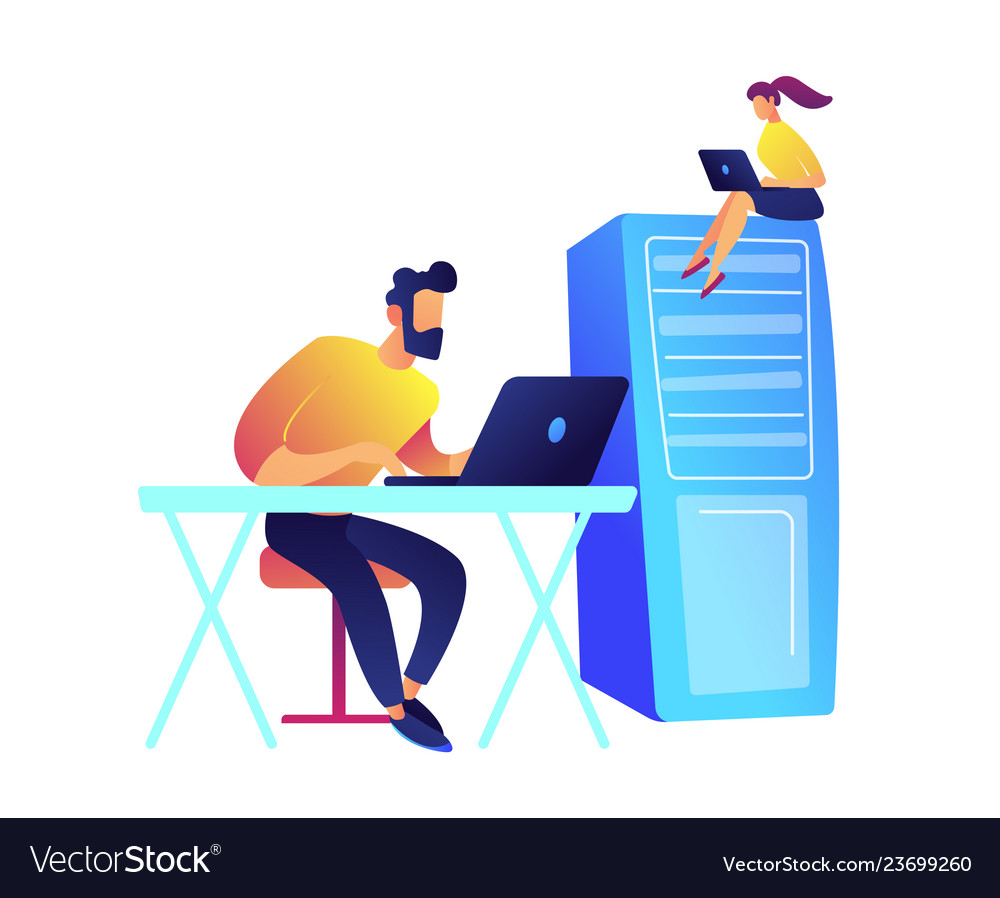 Programmers working with laptops and server rack