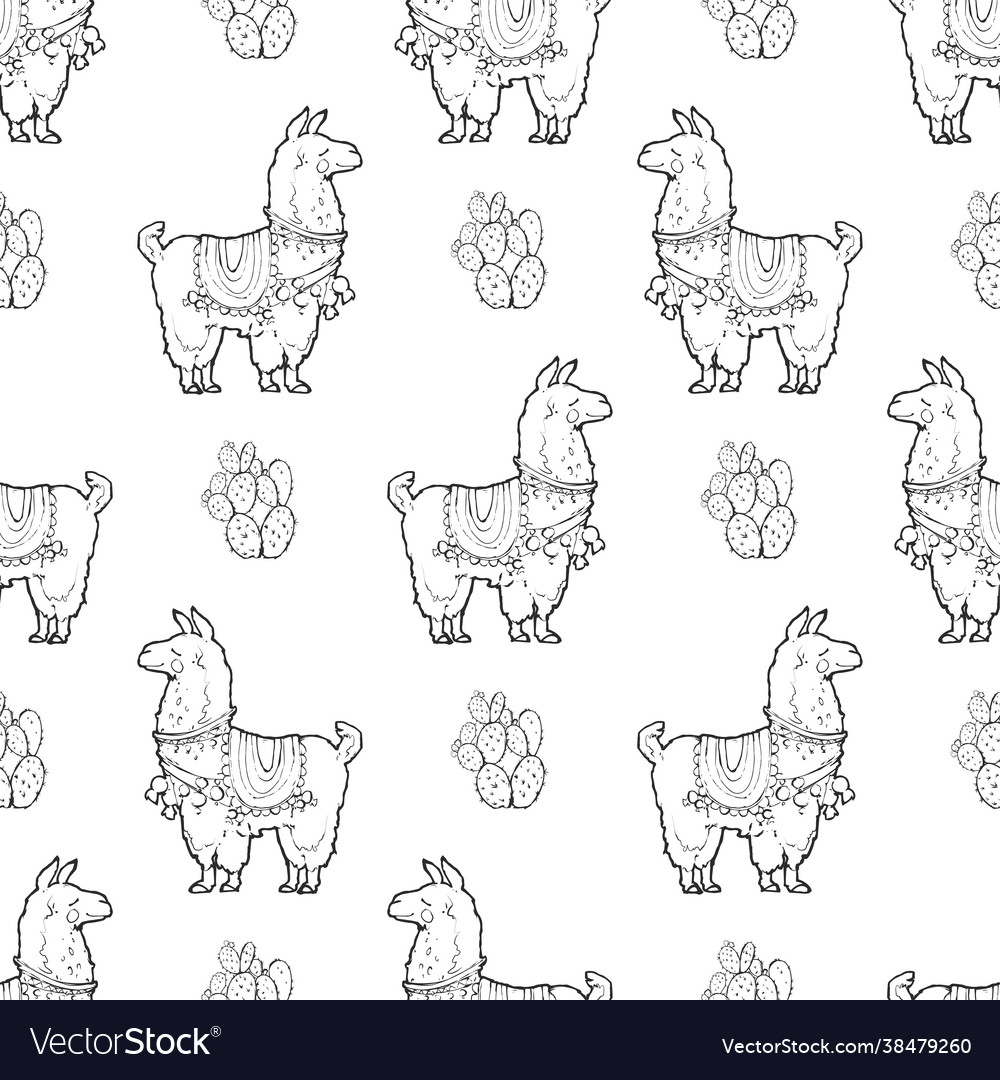 Seamless pattern with cute lama and cactus