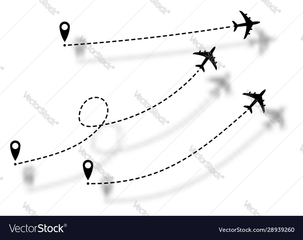 Set icons airplane line path route aircraft lines