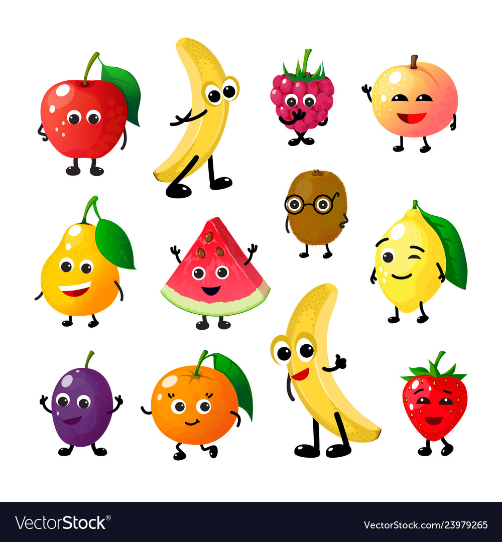 Cartoon funny fruits happy apple banana raspberry Vector Image Cartoon funny fruits happy apple banana raspberry Vector Image
