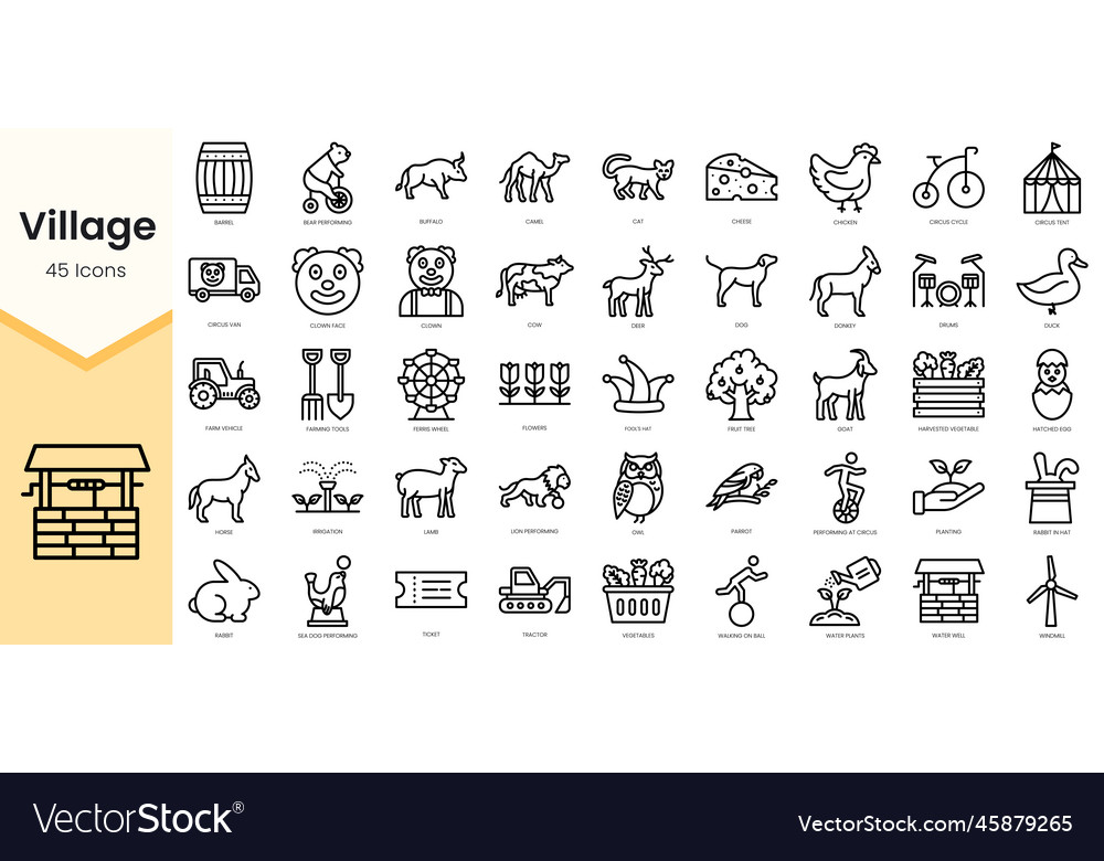 Set of village icons simple line art style