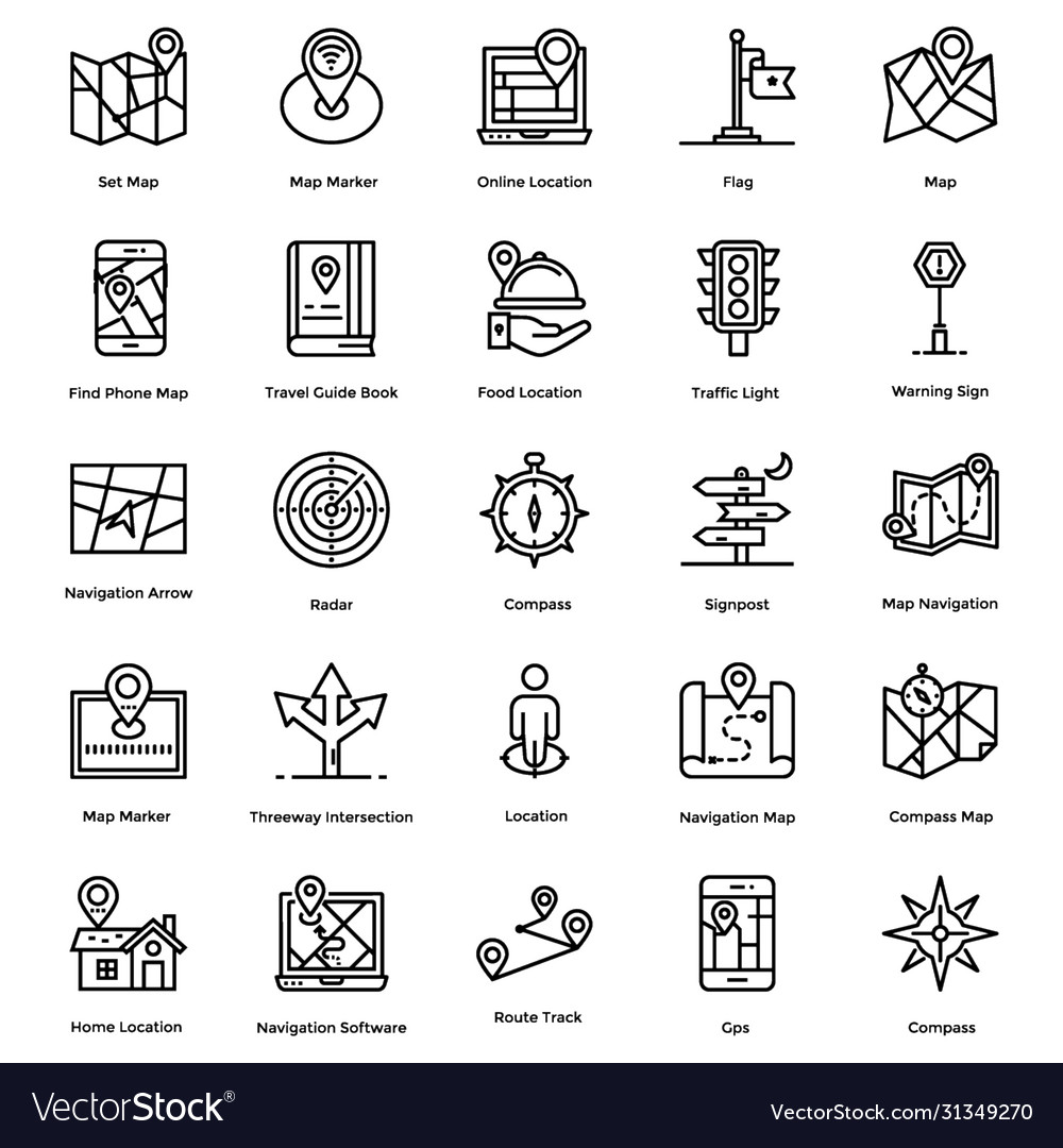 Navigation map and direction line icons pack